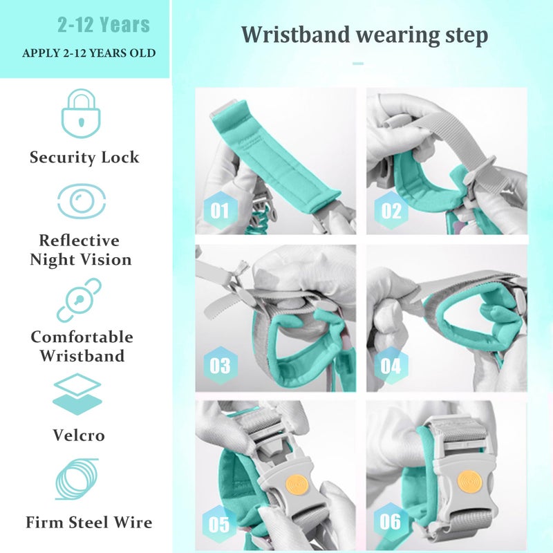 WSZCML Anti Lost Wrist Link,Toddler Harness Walking Leash with Induction Lock,Reflective Child Wrist Leashes for Baby,6.56ft Kids Leash for Supermarket Mall Airport Amusement Park Zoo Travel（Cyan） - Image 5
